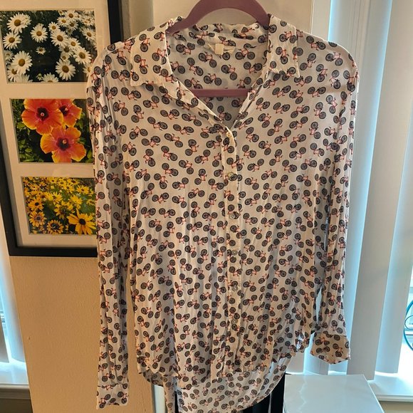 Anthropologie White & Orange Bikes Button-Down Blouse Shirt Jane and Delancey M - Picture 1 of 4